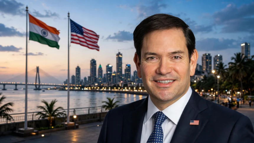 US Secretary of State Marco Rubio with India and US flags against the Mumbai skyline. Photo: U.S. Department of State / Wikimedia Commons (background composite)