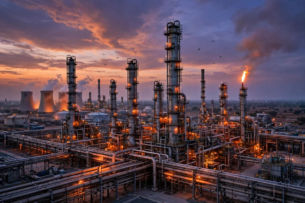 An oil refinery glowing at dusk (representative image)