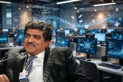 Nandan Nilekani. Photo: World Economic Forum / Wikimedia Commons (background composite)