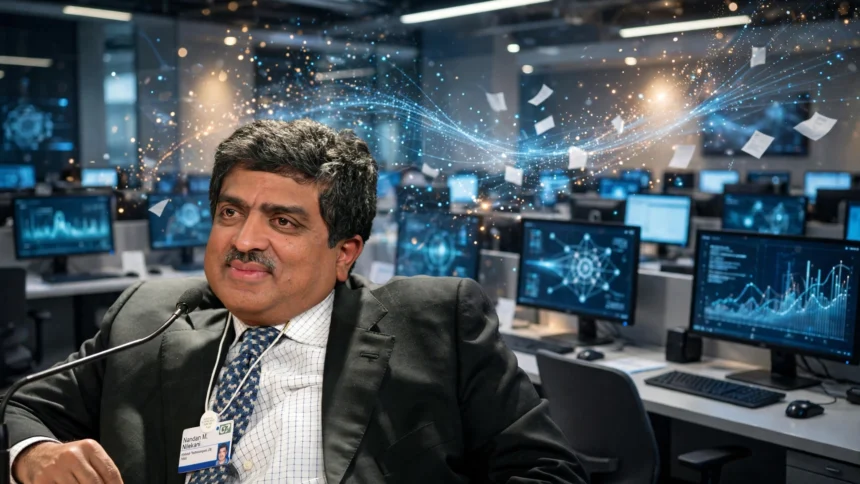 Nandan Nilekani. Photo: World Economic Forum / Wikimedia Commons (background composite)