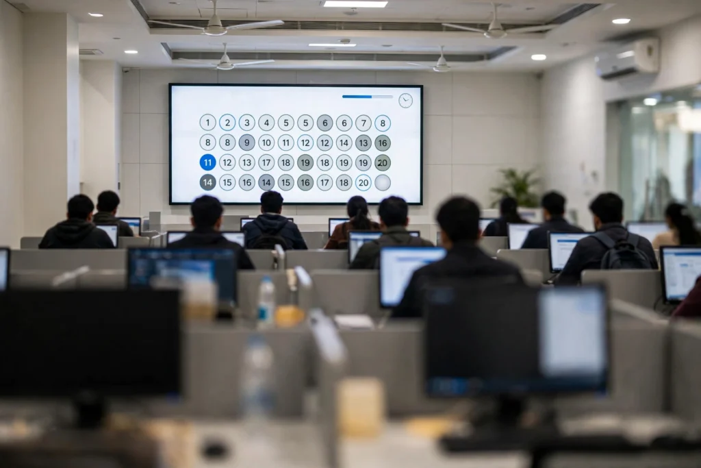 Computer-based examination hall with students taking a digital exam