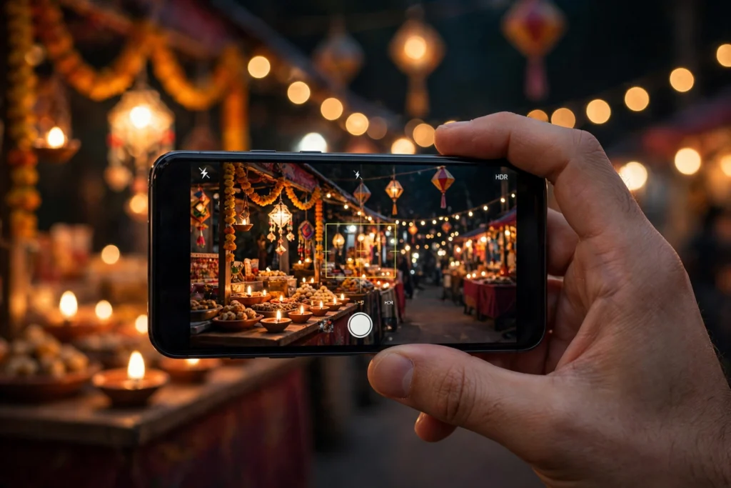 Illustrative image: smartphone camera capturing festive market scene