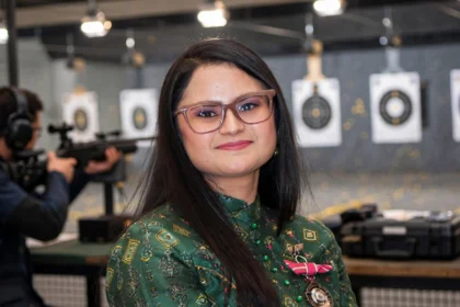 Avani Lekhara at a shooting range ahead of India's Asian Para Games 2026 campaign. Photo: Wikimedia Commons (background composite)