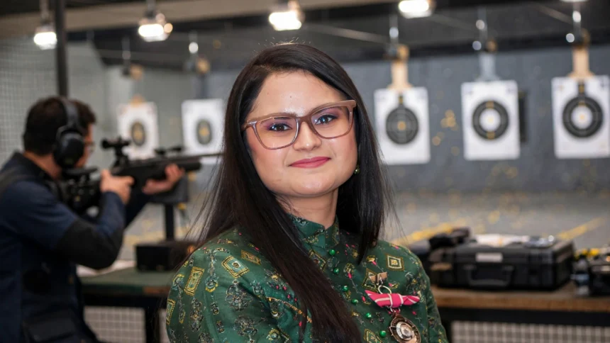 Avani Lekhara at a shooting range ahead of India's Asian Para Games 2026 campaign. Photo: Wikimedia Commons (background composite)