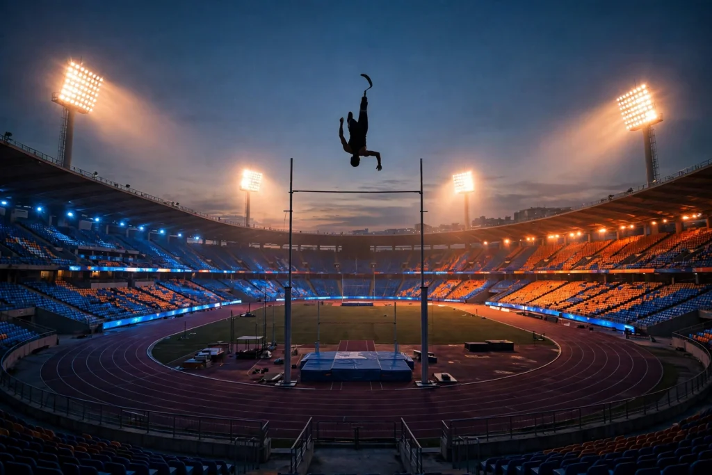 Para high jumper silhouetted over a floodlit athletics stadium during the Asian Para Games 2026.