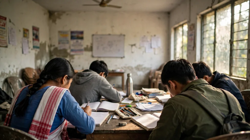 Young aspirants studying for government recruitment exams in Assam