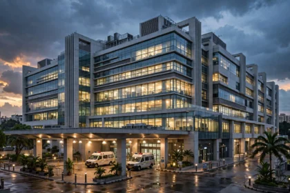 Modern super-speciality hospital building, representative image