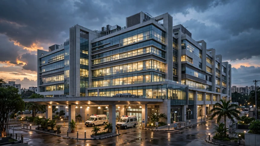Modern super-speciality hospital building, representative image