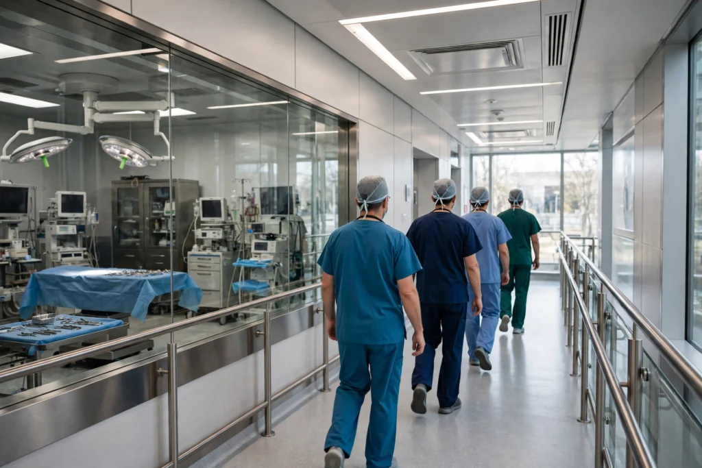 Hospital interior corridor with operating theatre, representative image