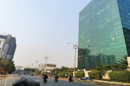 Modern glass office towers in Hyderabad HITEC City.