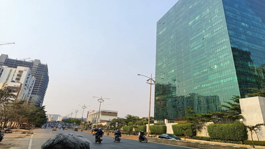 Modern glass office towers in Hyderabad HITEC City.