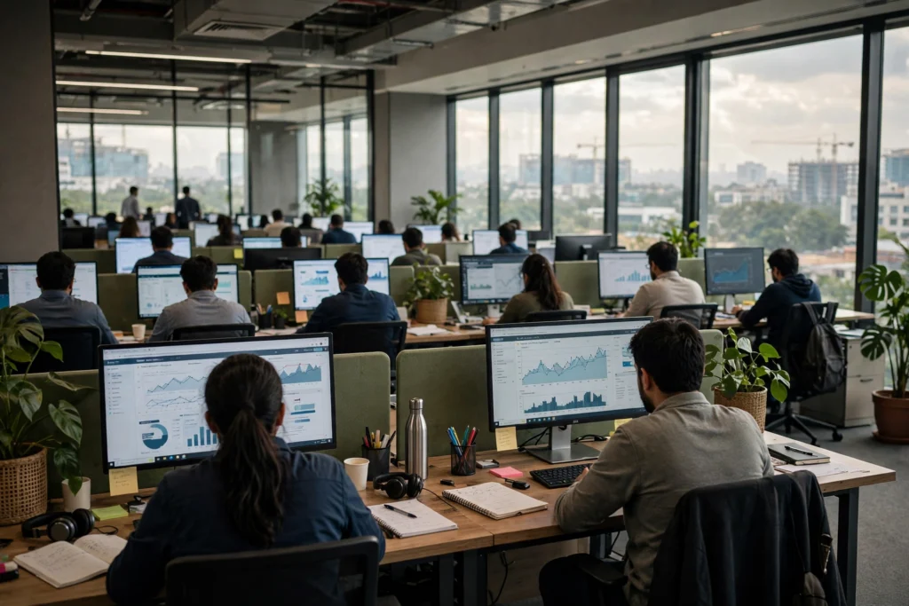 Professionals working at computers in a modern Hyderabad office.