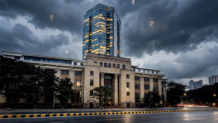 Reserve Bank of India building in Mumbai at dusk. Base photo: Pinakpani / Wikimedia Commons, CC BY-SA 4.0 (background composite)
