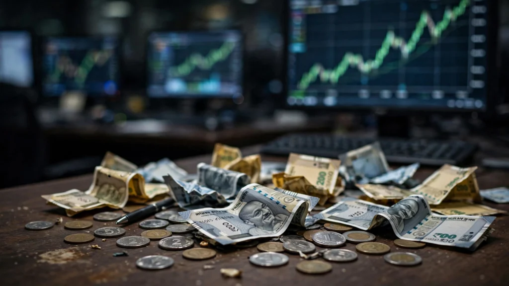 Indian rupee currency notes and coins on a trading desk with a recovering currency chart. AI-generated thematic visual.