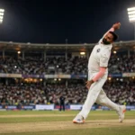 Auqib Nabi bowling under floodlights