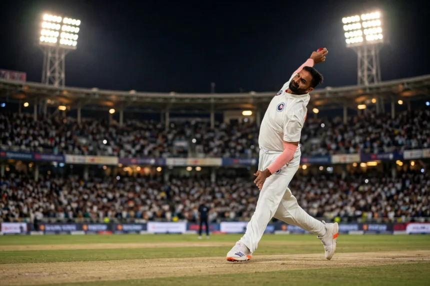 Auqib Nabi bowling under floodlights