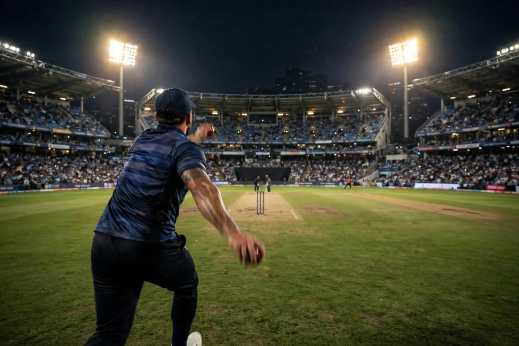 A fast bowler delivering under floodlights at a night ODI