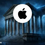 Apple logo badge over a courthouse at night. Apple logo: Wikimedia Commons (public domain); background composite by Informeia.