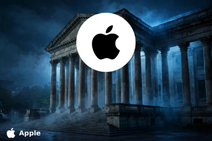 Apple logo badge over a courthouse at night. Apple logo: Wikimedia Commons (public domain); background composite by Informeia.