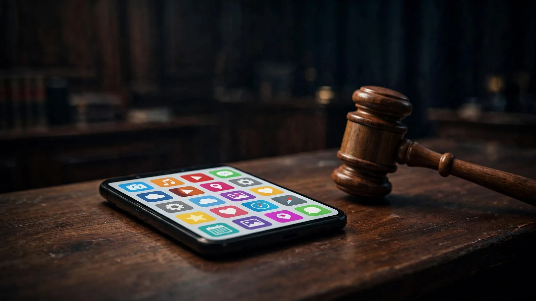 Smartphone showing app icons next to a judge's gavel, illustrating the Australia Apple App Store ruling