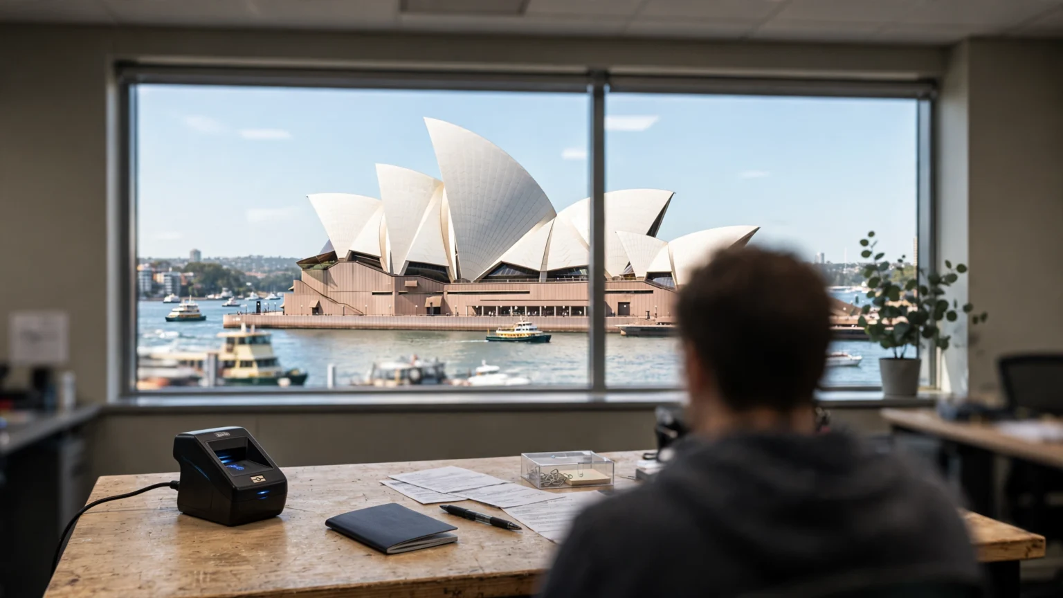 Sydney Opera House seen through a visa centre window, with a passport and fingerprint scanner on the desk.