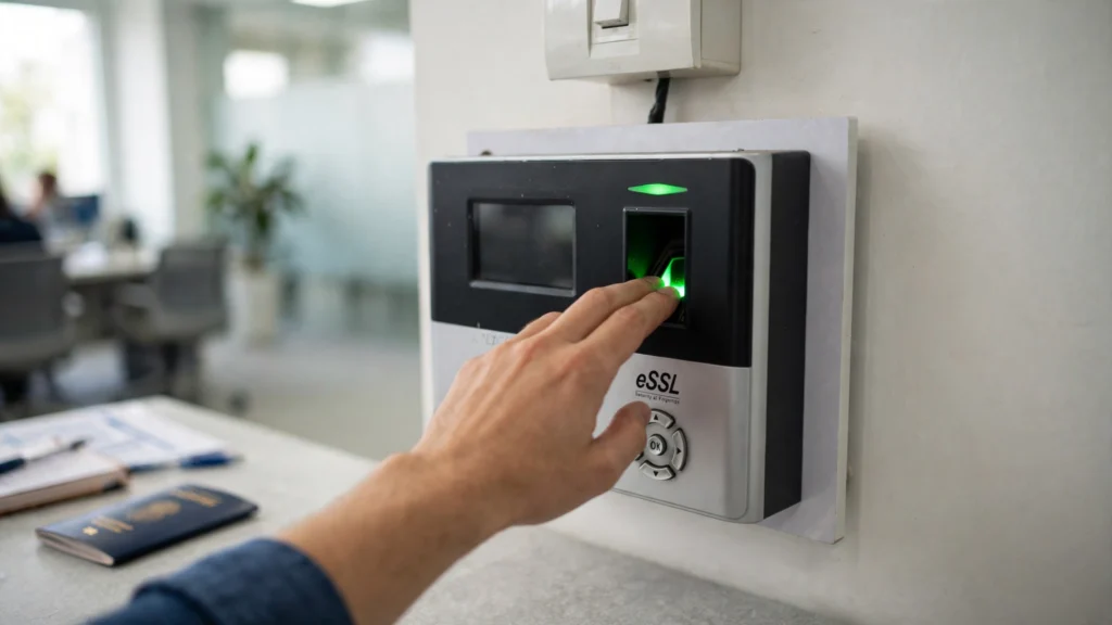 A hand places fingers on a biometric fingerprint scanner at a visa application centre, with a passport on the desk.