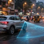 Car on Indian city road with automatic emergency braking sensor field at dusk