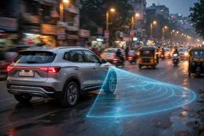 Car on Indian city road with automatic emergency braking sensor field at dusk
