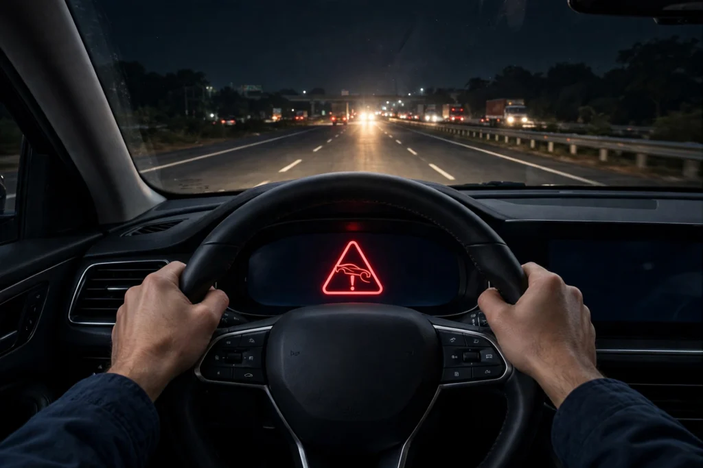 Car dashboard showing automatic emergency braking collision warning at night