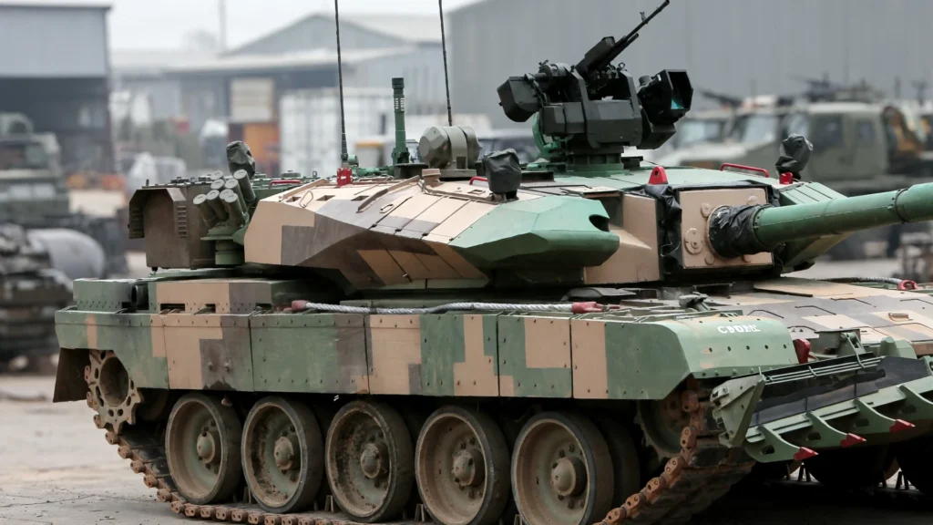 Arjun main battle tank in a vehicle yard. AI-generated image grounded in a real DRDO photo via Wikimedia Commons.
