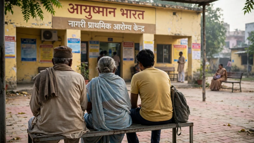 Elderly couple waiting with a family member outside an Ayushman Bharat health centre