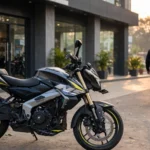 Bajaj Pulsar motorcycle outside a dealership. AI-generated image grounded in a real reference photo by HiveMynd, CC BY-SA 4.0, via Wikimedia Commons.