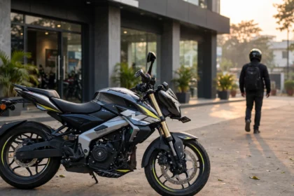 Bajaj Pulsar motorcycle outside a dealership. AI-generated image grounded in a real reference photo by HiveMynd, CC BY-SA 4.0, via Wikimedia Commons.