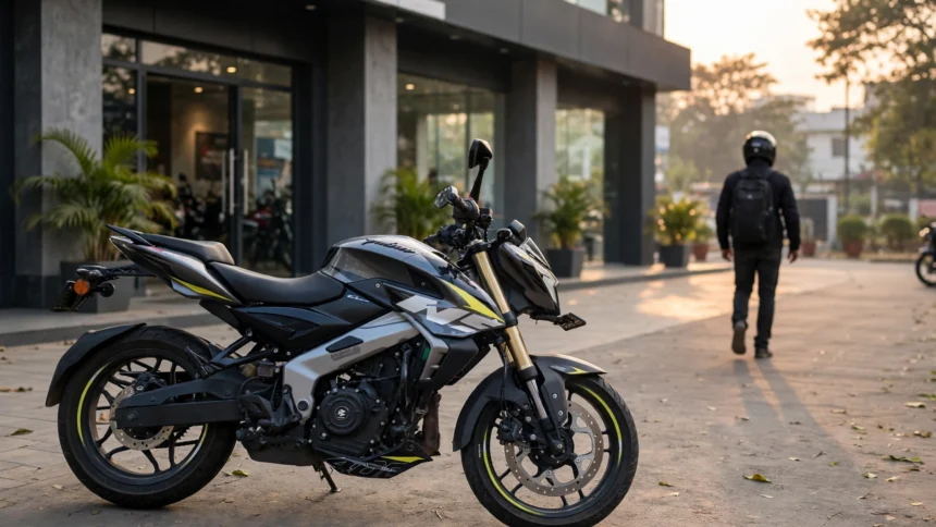 Bajaj Pulsar motorcycle outside a dealership. AI-generated image grounded in a real reference photo by HiveMynd, CC BY-SA 4.0, via Wikimedia Commons.