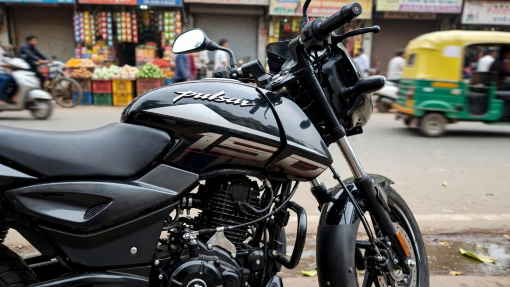 Bajaj Pulsar 150 motorcycle on an Indian city street. AI-generated image grounded in a real reference photo by Sankar, CC BY-SA 4.0, via Wikimedia Commons.
