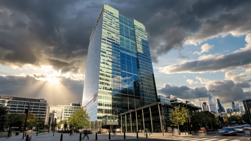 One Churchill Place, Barclays' global headquarters at Canary Wharf, London. Photo: Acabashi / Wikimedia Commons (CC BY-SA 4.0), AI-rendered editorial composite.