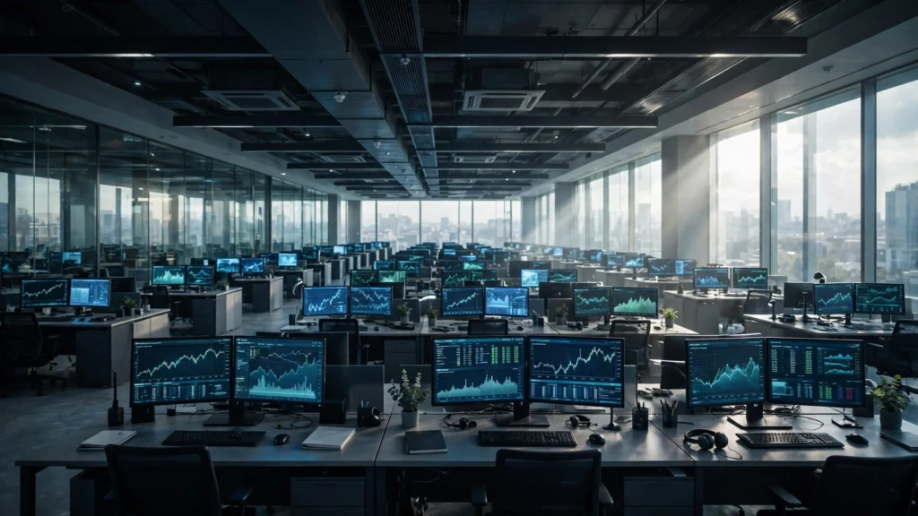 A bank back-office operations floor with rows of desks and monitors. (AI-generated illustration).