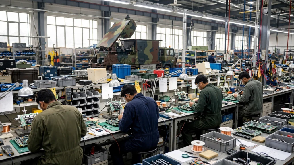 Engineers assembling circuit boards and electronic components in a defence electronics workshop, with radar equipment in the background.