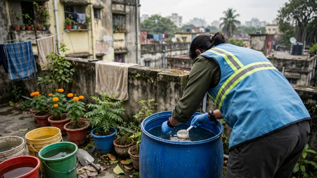 Health worker checking a household water container for mosquito larvae in Kolkata.