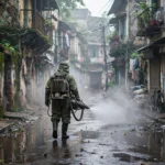 Civic worker fogging a Kolkata street during dengue mosquito control.
