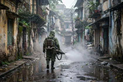 Civic worker fogging a Kolkata street during dengue mosquito control.