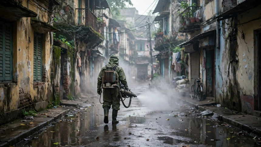 Civic worker fogging a Kolkata street during dengue mosquito control.