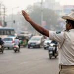 A Bengaluru traffic police officer directing traffic at a hazy junction. AI-generated image grounded in a real reference photo by Bharathiya, CC0, via Wikimedia Commons.