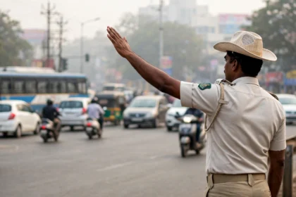 A Bengaluru traffic police officer directing traffic at a hazy junction. AI-generated image grounded in a real reference photo by Bharathiya, CC0, via Wikimedia Commons.