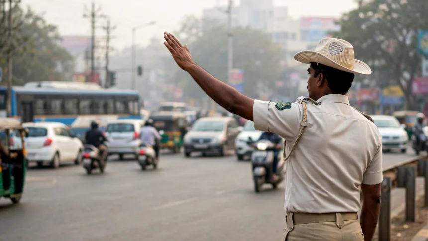 A Bengaluru traffic police officer directing traffic at a hazy junction. AI-generated image grounded in a real reference photo by Bharathiya, CC0, via Wikimedia Commons.