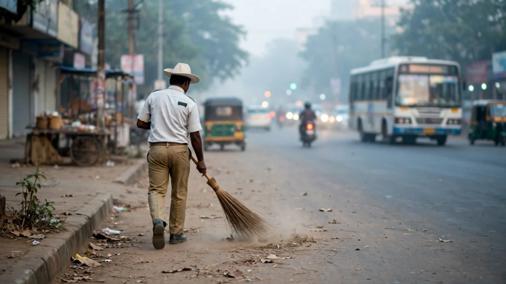 A civic worker sweeping a dusty Bengaluru road at dawn, with a bus in the haze. AI-generated image grounded in a real reference photo.