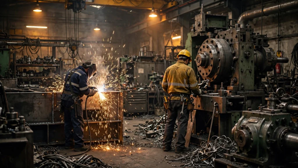 Skilled artisans at work inside a heavy engineering manufacturing plant.