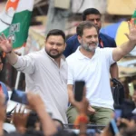 RJD leader Tejashwi Yadav (left) with Congress leader Rahul Gandhi during the Voter Adhikar Yatra in Bihar. Yadav alleged vote theft in Friday's MLC polls. (Archive photo: LiveHindustan / Wikimedia Commons, CC BY 4.0)