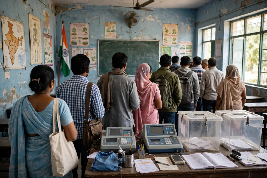 Voters queue at a polling station during the Bihar Legislative Council elections.