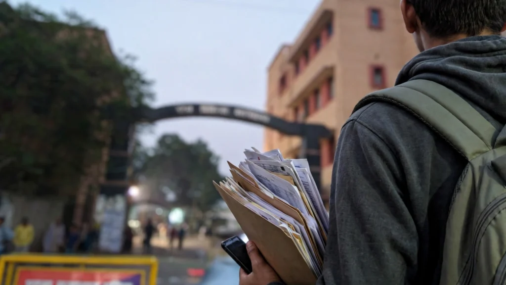 Aspirant holding admission documents and a phone outside a medical college in Bihar. Reference photo: Drgopalpmch / Wikimedia Commons, CC BY-SA 4.0.